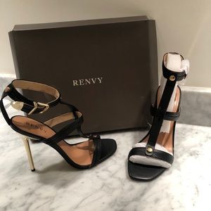 RENVY black strap heels with gold embellishments